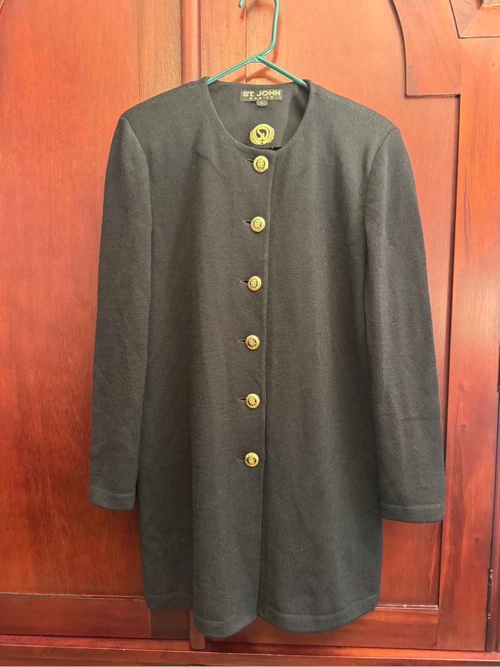 Vtg St John Basics Black Santana Knit Longline Jkt Blazer Coat Sz L Gold Crest